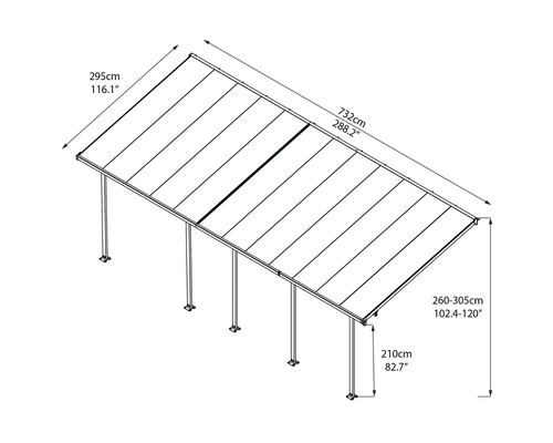 Technische Zeichnung eines Terrassendachs mit Maßangaben