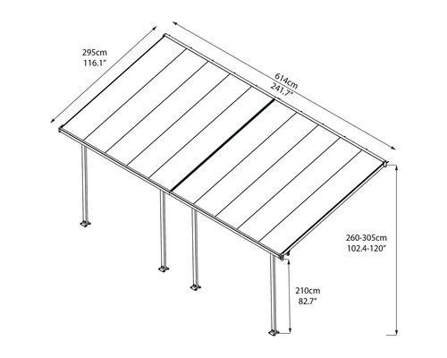 Illustration einer Terrassenüberdachung mit Maßangaben