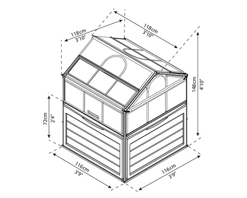 Dimensions d''une cabane de jardin avec indication de la hauteur, de la largeur et de la profondeur