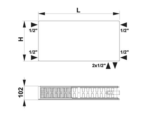 Radiateur plat ROTHEIGNER type DK (22) 6 connexions (en bas à droite ou latérales) 300 x 2600 mm blanc sans languettes de fixation