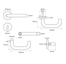 Schéma technique d''une poignée de porte avec indication des dimensions