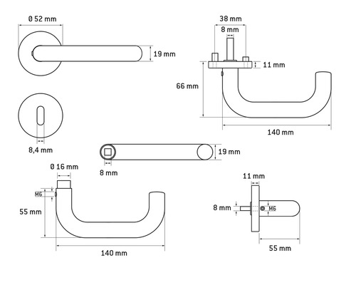 Schéma technique d''une poignée de porte avec indication des dimensions