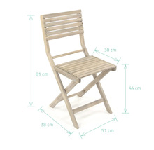 Holzklappstuhl mit den Maßen 81 cm Höhe, 30 cm Breite, 44 cm Sitzhöhe, 38 cm Tiefe und 51 cm Standfläche