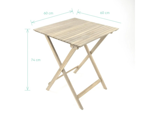 Quadratischer Klapptisch aus Holz, 60 mal 60 Zentimeter Tischplatte, 74 Zentimeter hoch