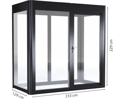 Schauvitrine mit den Maßen 229 mal 233 mal 129 Zentimeter