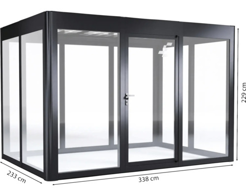 Pavillon de jardin avec portes en verre et cadre en aluminium, 338 x 233 x 229 cm