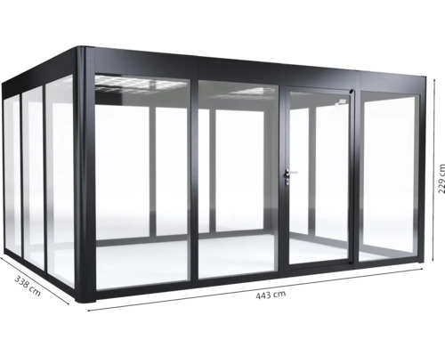 Glaskonstruktion mit Tür, 443 x 338 x 229 cm
