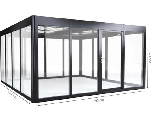 Pavillon autoportant avec porte coulissante, dimensions 443 x 443 x 229 centimètres
