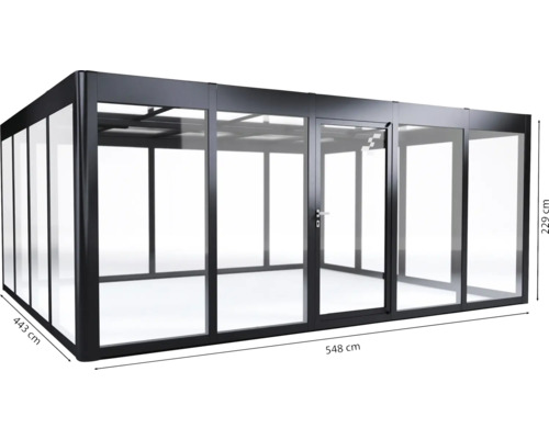 Pavillon vitré avec porte et cadre en aluminium, dimensions 548 x 443 x 229 cm