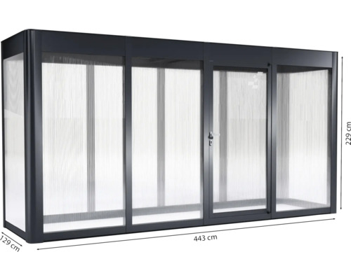 Abgebildet ist ein Gerätehaus aus Metall und Kunststoff mit den Maßen 443 mal 129 mal 229 Zentimeter.