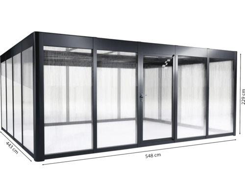 Image d''un pavillon rectangulaire avec des panneaux en polycarbonate et les dimensions 548 x 443 x 229 centimètres.