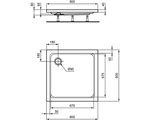 Dessin technique d''un receveur de douche avec dimensions