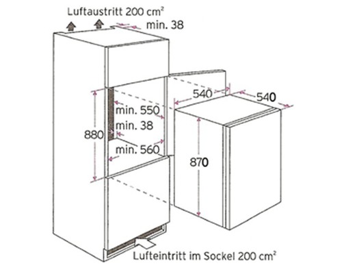 Einbauschrank Masse mit Luftauslass und Lufteinlass