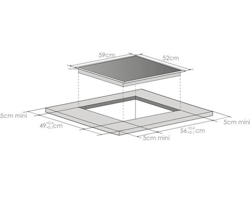 Dimensions d''installation d''une plaque de cuisson mesurant 59 cm sur 52 cm.