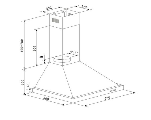 Schéma technique d''une hotte aspirante avec indications de dimensions.
