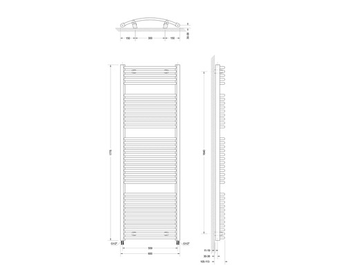 Schéma technique d''un sèche-serviettes avec cotes