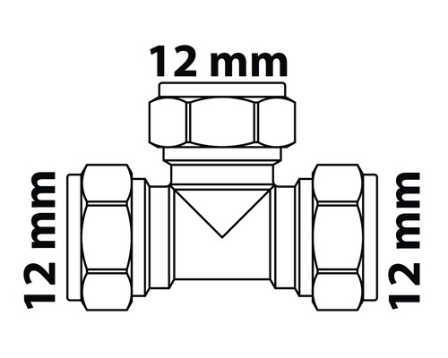 Schema einer T-Verschraubung mit 12 mm Durchmesser