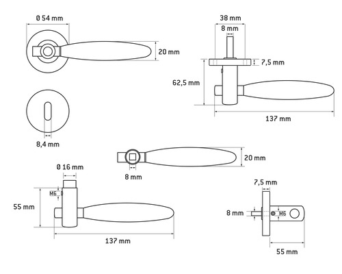 Schéma technique d''une béquille de porte avec dimensions