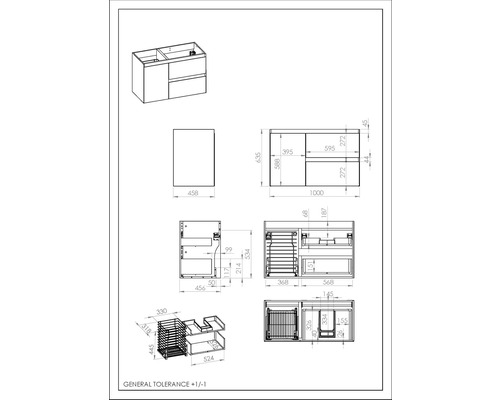 Dessin technique d''un meuble sous-vasque avec différentes vues et indications de dimensions