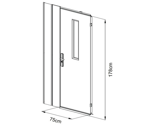 Dessin technique d''une porte avec fenêtre et dimensions de 178 cm de hauteur et 75 cm de largeur.