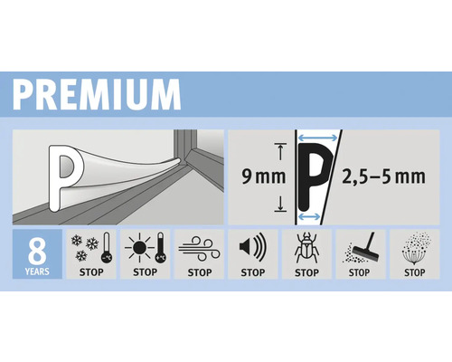 Illustration des propriétés d''un joint d''étanchéité avec un profilé en P et une durée de vie de 8 ans. Le ruban stoppe le froid, la chaleur, le vent, le bruit, les insectes, la poussière et le pollen.