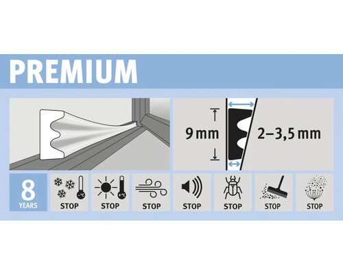 Illustration d''un joint d''étanchéité premium avec des dimensions de 9 millimètres et de 2 à 3,5 millimètres. Le joint protège pendant huit ans contre le froid, la chaleur, le vent, le bruit, les insectes et la poussière.
