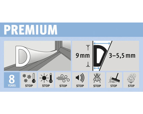 Profilé d''étanchéité en forme de D, hauteur 9 mm et largeur 3 à 5,5 mm