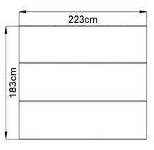 Technische Zeichnung mit Abmessungen: 223 cm Breite und 183 cm Höhe.