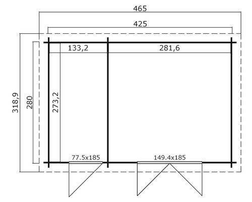 Grundrisszeichnung eines Gartenhauses mit Maßangaben