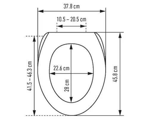 Schéma technique d''un siège de WC avec dimensions en centimètres