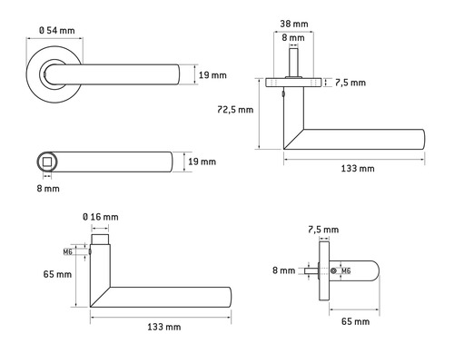 Schéma technique d''une poignée de porte avec dimensions