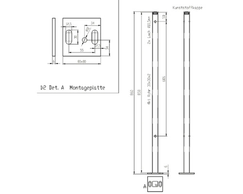 Dessin technique d''un poteau de montage de dimensions 860 x 30 x 30 mm et d''une plaque de montage de 80 x 80 mm.