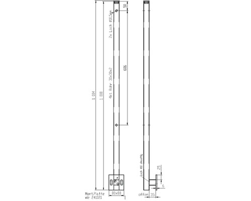 Dessin technique d''un tube carré de 30x30x2 mm avec plaque de montage et perçages