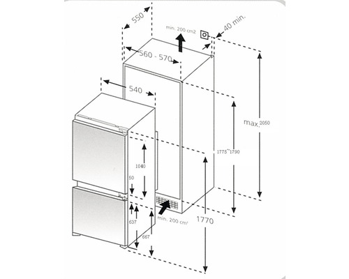 Dimensions d''un réfrigérateur-congélateur avec instructions d''installation