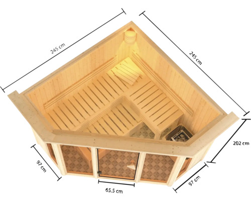 Ecksauna aus Holz mit Tür und Bänken, Abmessungen 245 x 245 x 202 cm