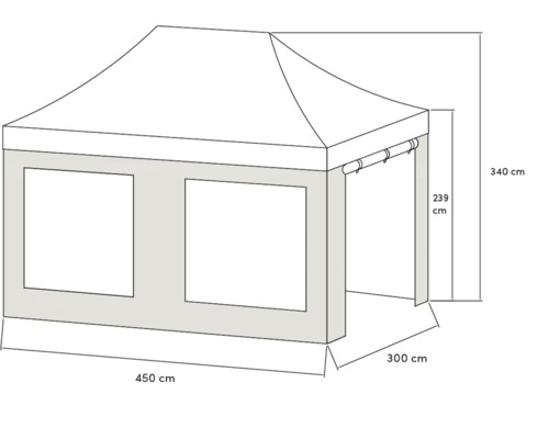 Représentation d''un pavillon avec des dimensions de 450 cm de longueur, 300 cm de largeur et 340 cm de hauteur