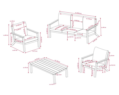 Maßzeichnung eines Gartenmöbel-Sets mit Sofa, Sesseln und Tisch mit Abmessungen