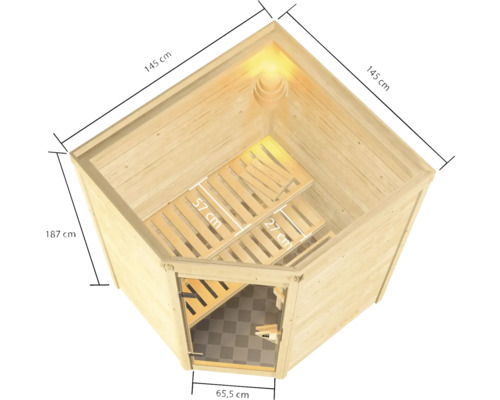 Vue de dessus d''un sauna d''angle en bois avec dimensions