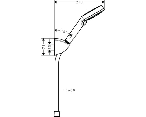Dessin technique d''une barre de douche avec douchette et indications de dimensions.