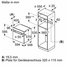 Schéma coté d''un four encastrable avec les dimensions correspondantes en millimètres.