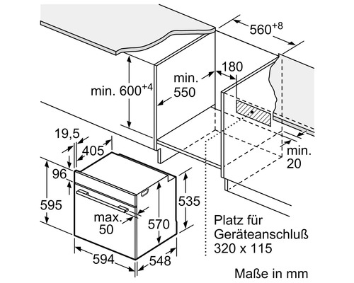 Produktmaßzeichnung eines Ofens mit Einbaumaßen.