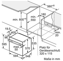 Einbauherd Installationszeichnung mit Maßangaben in Millimeter