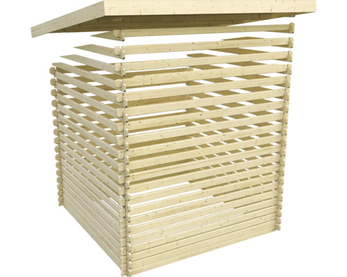 Abri à bois avec construction de toit en lattes de bois