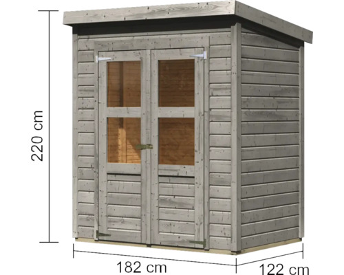 Gartenhaus aus Holz mit Doppeltür und den Maßen 220 cm Höhe, 182 cm Breite und 122 cm Tiefe