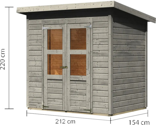 Holzgartenhaus mit Doppeltür und Massangaben