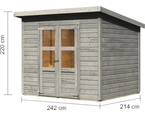 Holzgartenhaus mit Doppeltür und den Maßen 242 x 214 x 220 cm