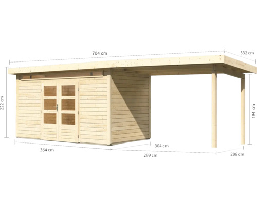 Holzgartenhaus mit Abmessungen und überdachtem Bereich