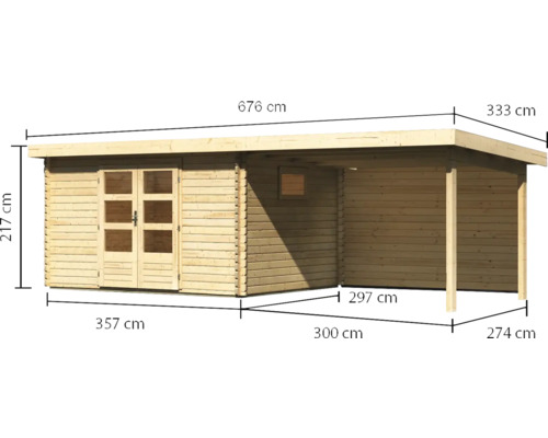 Abri de jardin en bois de 676 cm sur 333 cm et d''une hauteur de 217 cm