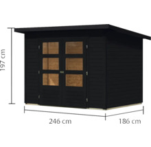 Abri de jardin en bois avec double porte et dimensions: hauteur 197 cm, largeur 246 cm, profondeur 186 cm.