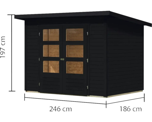Holzgartenhaus mit Doppeltür und Maßangaben: Höhe 197 cm, Breite 246 cm, Tiefe 186 cm.